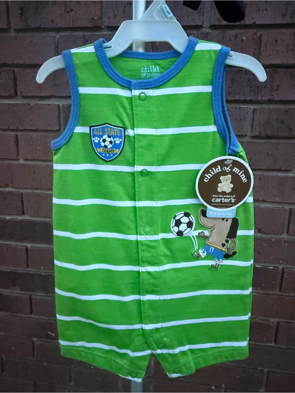 Child of Mine Carters Baby Boy Soccer Sunsuit Romper 3-6 Months Green White NOS